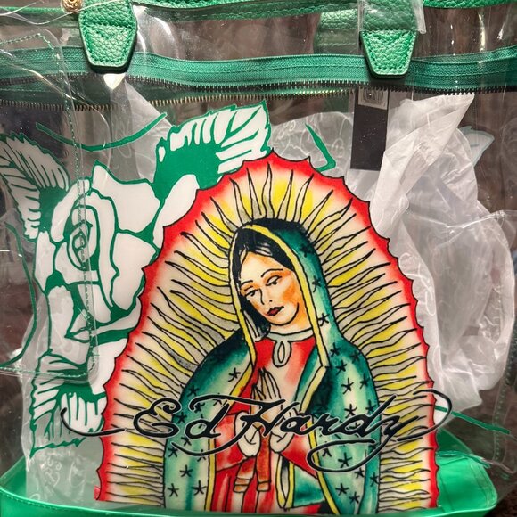 Ed Hardy Handbags - Ed Hardy Graphic Green Virgin Mary Clear Tote Bag NWT